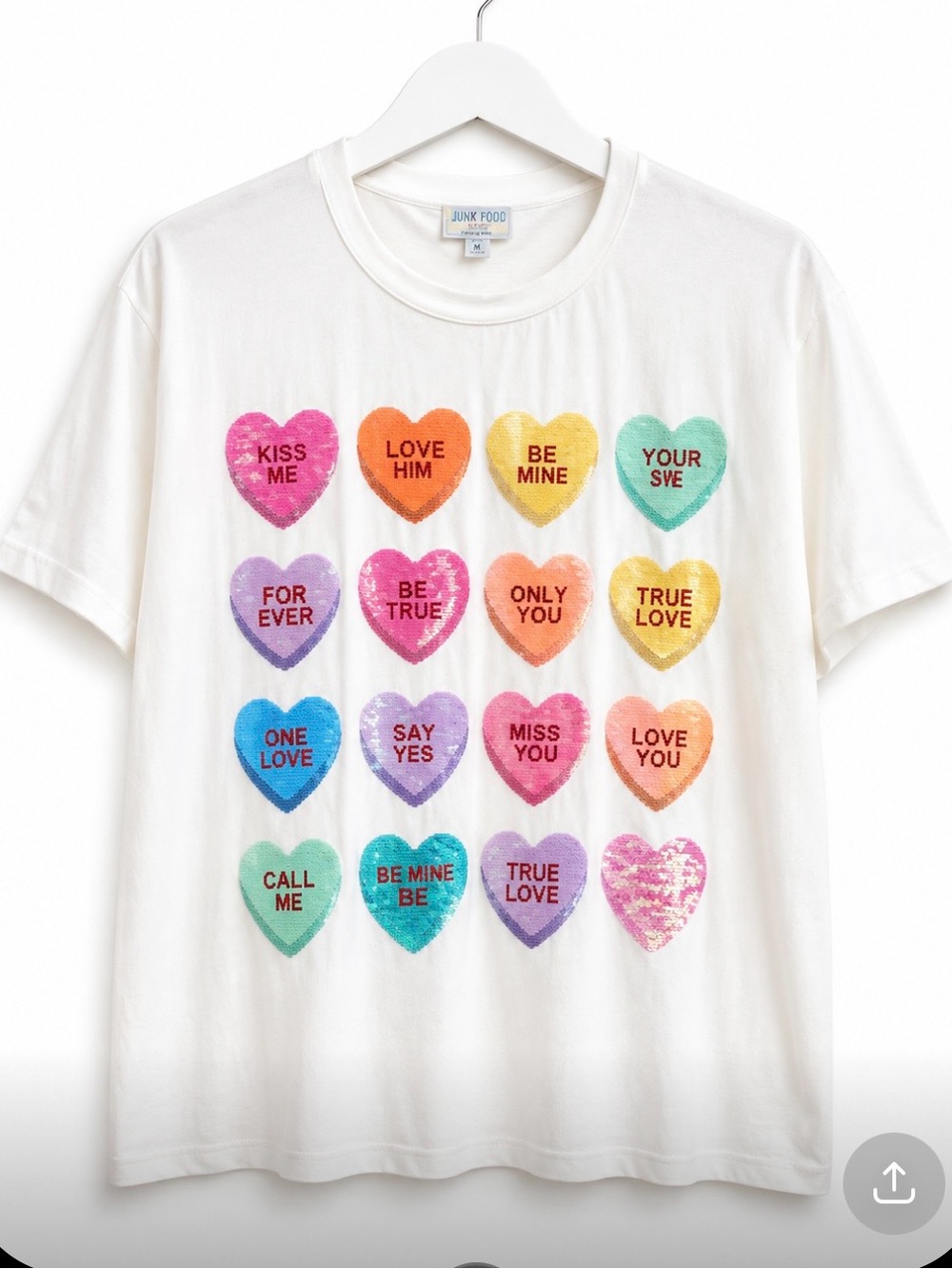 QUEEN OF SPARKLES White Tee with Multicolor Sequin Hearts